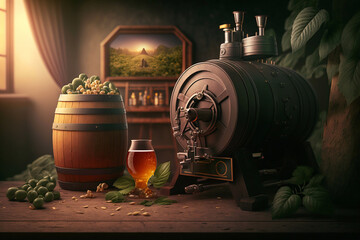 Naklejka premium Still life with beer and hops. Generative AI