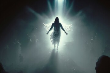 Jesus Christ descends from heaven. Generative AI