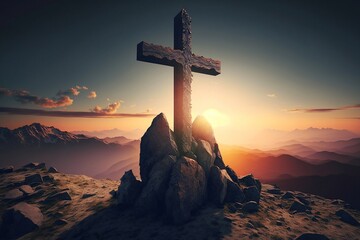 Cross on the top of mountains during sunset in epic scenery. Generative AI