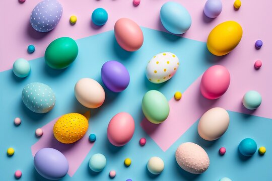 Easter holiday background. Pastel colored decorated easter eggs on a bright blue background. Generative AI