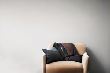 Comfortable armchair with pillow on white wall background, closeup