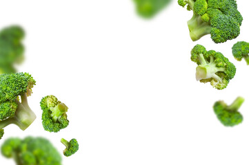 Summer vegetable background. Flying fresh raw green broccoli isolated on white background. Creative food concept. With clipping path. Healthy diet vegan cut out organic food, mockup