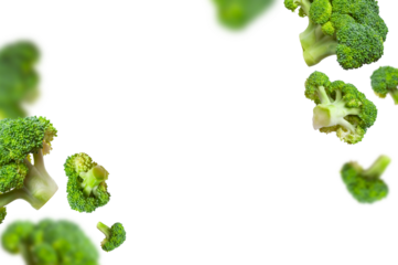 Summer vegetable background. Flying fresh raw green broccoli isolated on white background. Creative food concept. With clipping path. Healthy diet vegan cut out organic food, mockup