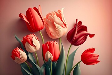 Bouquet of red tulips flowers on pastel background. Generative AI