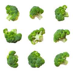 Fresh raw green broccoli isolated on white background. Collection of broccoli in different shapes. Healthy vegetables, diet vegan organic food, vitamins, cooking ingredient, mockup