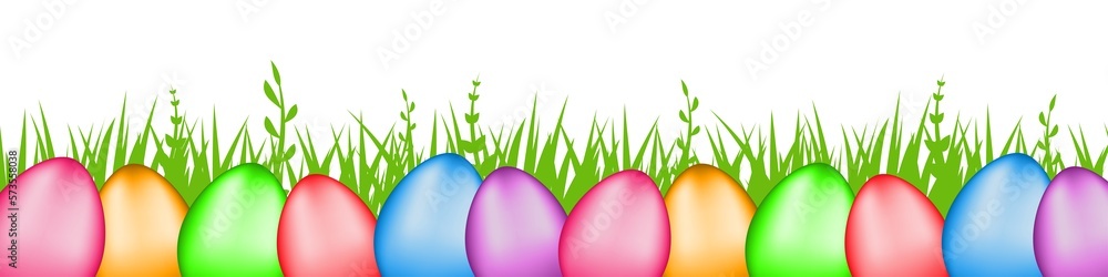 Poster Set of multi-colored glossy Easter eggs in the grass located at the bottom. 12 colored eggs on transparent background. Easter, the symbol of the holiday. Stock PNG image