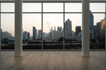Fototapeta na wymiar Empty room Interior Skyscrapers View Malaysia.Downtown Kuala Lumpur City Skyline Buildings from High Rise Window. Beautiful Expensive Real Estate overlooking. Sunset. 3d rendering.