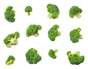 Fresh raw green broccoli isolated on white background. Collection of broccoli in different shapes. Healthy vegetables, diet vegan organic food, vitamins, cooking ingredient, mockup