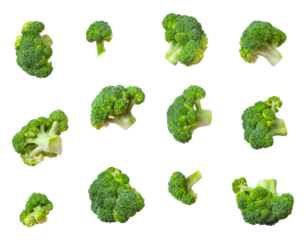 Fresh raw green broccoli isolated on white background. Collection of broccoli in different shapes. Healthy vegetables, diet vegan organic food, vitamins, cooking ingredient, mockup