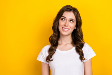 Portrait of adorable pretty young business woman smiling looking mockup opening new accessories store ad isolated on yellow color background