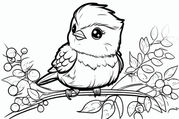 Cute bird. Coloring book page for children. Black and White Cartoon Illustration line art. 