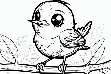 Cute bird. Coloring book page for children. Black and White Cartoon Illustration line art. 