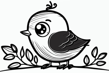 Cute bird. Coloring book page for children. Black and White Cartoon Illustration line art. 