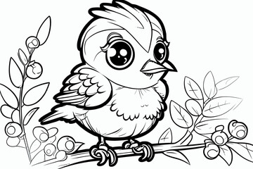 Cute bird. Coloring book page for children. Black and White Cartoon Illustration line art. 