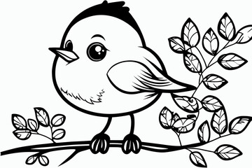 Cute bird. Coloring book page for children. Black and White Cartoon Illustration line art. 