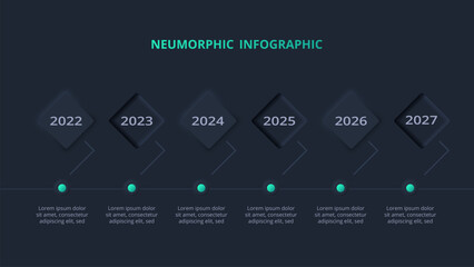 Neumorphic flowchart dark iinfographic. Creative concept for infographic with 6 steps, options, parts or processes.