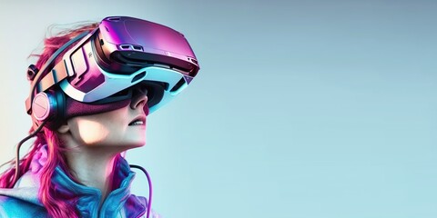 woman using digital game device technology googles headset looking into the world of metaverse augmented reality with empty space