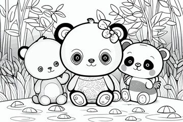 Cute pandas  animal. Coloring book page for children. Black and White Cartoon Illustration line art.  © Roman