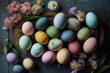 Fototapeta na wymiar Hand-painted pastel colored Easter eggs background. Easter eggs. Easter background. Generative AI