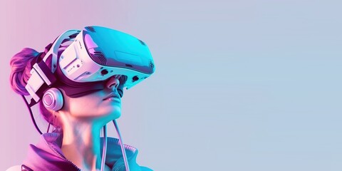 woman using digital simulation device technology googles headset looking into the world of metaverse virtual reality - obrazy, fototapety, plakaty