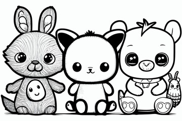 Cute animals. Coloring book page for children. Black and White Cartoon Illustration line art. 