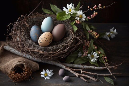 Easter composition - several colored eggs in a basket and on a dark wooden table with willow twigs. Generative AI