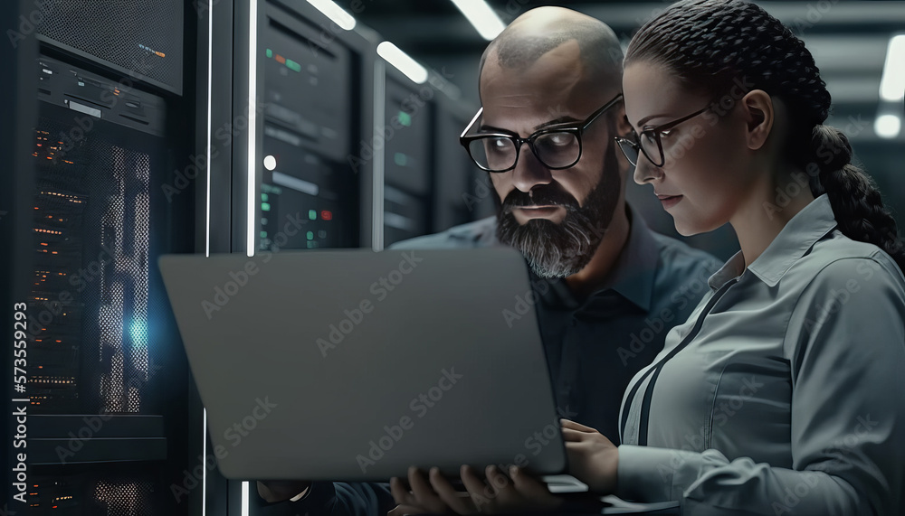 Poster programmers working in data center. man and woman working on laptop. generative ai