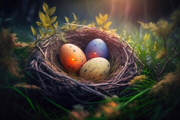 Fototapeta na wymiar Easter eggs in a nest on the grass. Generative AI