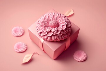 Valentine's Day and Mother's Day design concept background with pink flower and gift on pink background. Generative AI