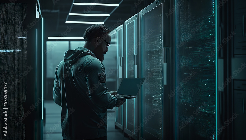 Poster programmer working in server room at night. toned image. generative ai
