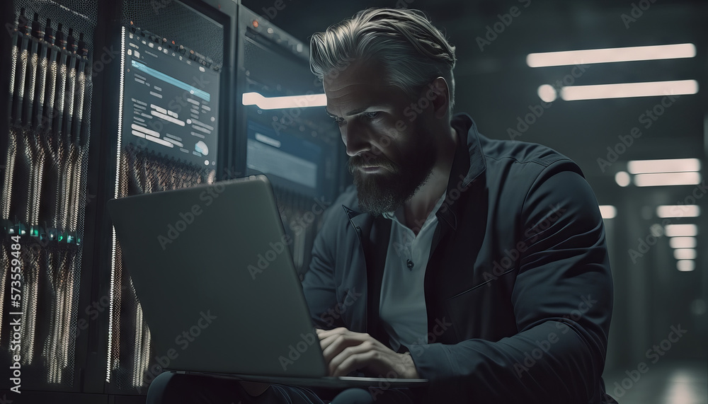 Poster handsome technician working on a laptop in a dark server room. generative ai