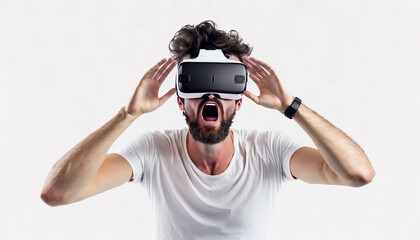 Young man using virtual reality headset. Studio shot on white background. Generative AI