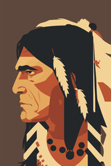 Native American chief in profile. flat color Vector illustration of a native American chief