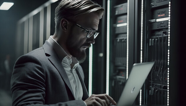 Serious young businessman in glasses working on laptop while standing in server room. Generative AI