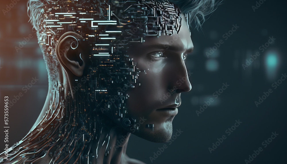 Poster cyborg head with digital binary code, artificial intelligence concept. generative ai