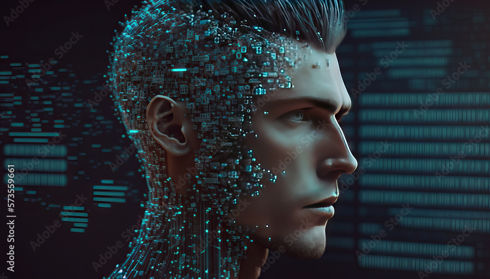 Poster generative ai of a cyborg head with binary code in the background