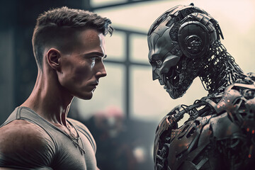 Side view of a male cyborg looking away while standing in a dark room. Generative AI