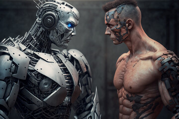 Fototapeta na wymiar Generative AI of a male cyborg and a female cyborg