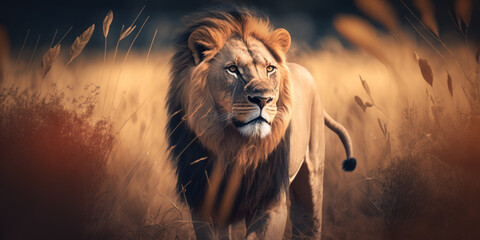 a lion walking in the grass of the savannah, Generative AI