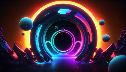 Magic portals to a planet or neon colored 3d illustration, generative ai