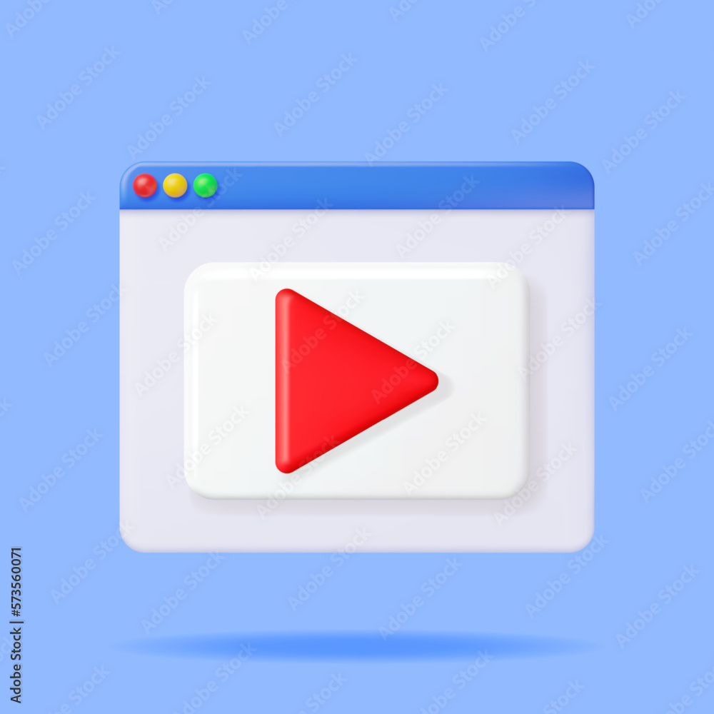 Poster 3d play button in browser window. render white square with red triangle inside. simple icon of web p