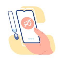 Cell phone in hand with sound off. Quiet mode. Mobile silent. Smartphone screen. Interface icon. Telephone in users arm. Restricted noise of call and message. Mute device. Vector concept