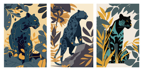 Set of vector vertical banners with silhouettes of wild cats, leopards and leaves.