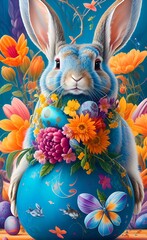 Easter bunny surrounded by flowers. Generated by AI. For printing on covers, T-shirts, fabrics, posters. Fantasy style