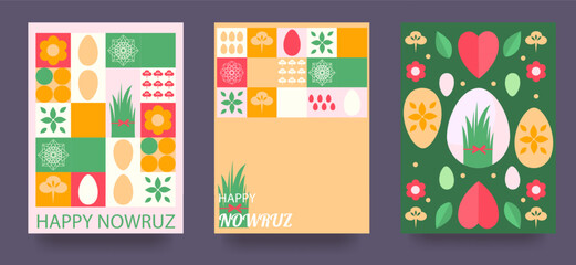 Fototapeta premium A set of postcards with the Novruz holiday. Novruz Bayram background template. Spring flowers, painted eggs and wheat germ. Geometric mosaic. Vector