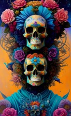 A skull surrounded by flowers. Generated by AI.