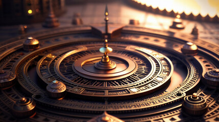 Fototapeta premium 魔法陣のような金色のメタリックの装飾のアップClose-up of golden metallic decoration like a magic circle