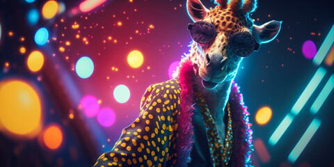 a dancing giraffe wearing disco clothes from the eighties, Generative AI - obrazy, fototapety, plakaty