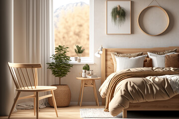 cozy scandinavian style bedroom with natural wood furniture, Generative AI - 573561077