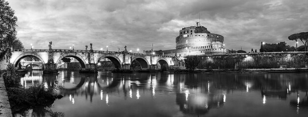 Rome, Italy: Night landscape of the Mausoleum of Hadrian, usually known as Castle Sant' Angelo (Castle of the Holy Angel, Saint Angel), a towering cylindrical building in Hadrian Park (Adriano).